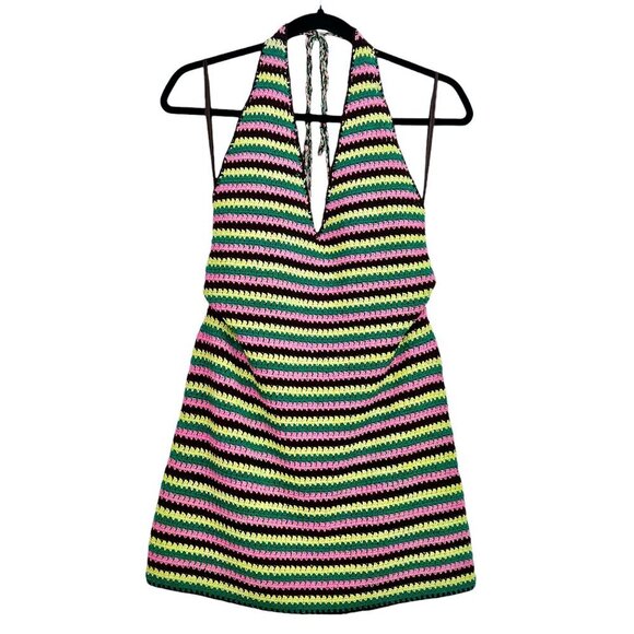 Frame x Julia Sarr Jamois Pink Green Striped Crochet‎ Halter Mini Dress Size M - Picture 3 of 11